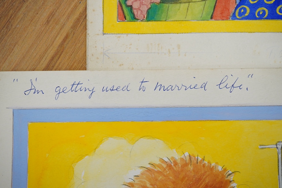 Reg Maurice (Aka. Vera Paterson), four original gouaches on card for postcards, humorous children to include ‘I’m getting used to married life’, each signed with inscriptions to the margins, largest 32 x 23cm, unframed.